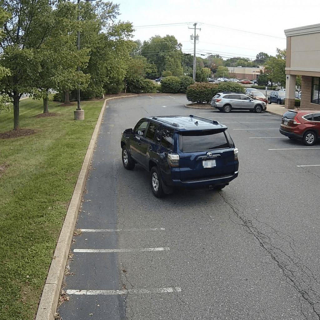 Surveillance camera capture of a dark blue Toyota 4Runner, plate boxed by the system