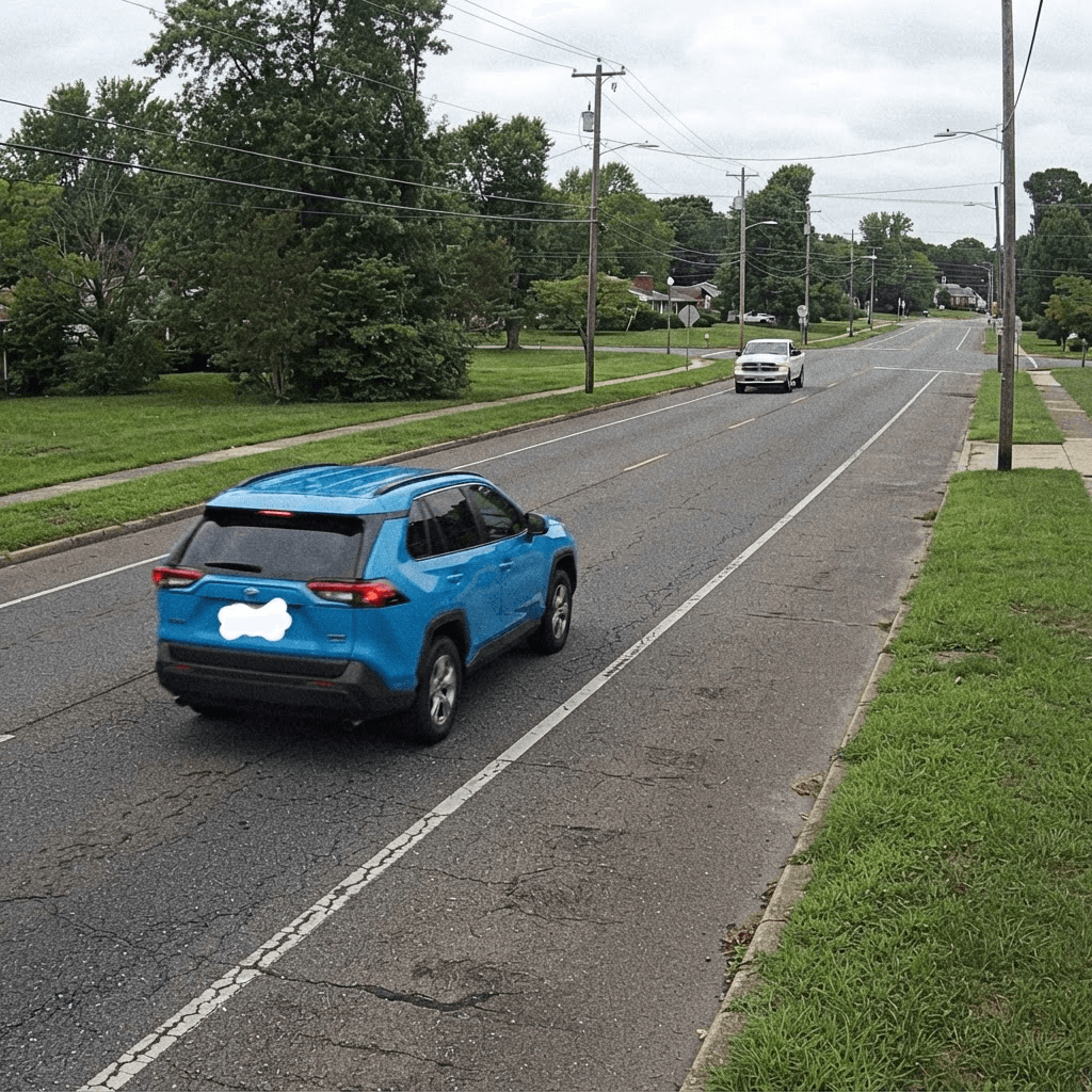 Surveillance camera capture of a blue Toyota RAV4 driving away, plate boxed by the system